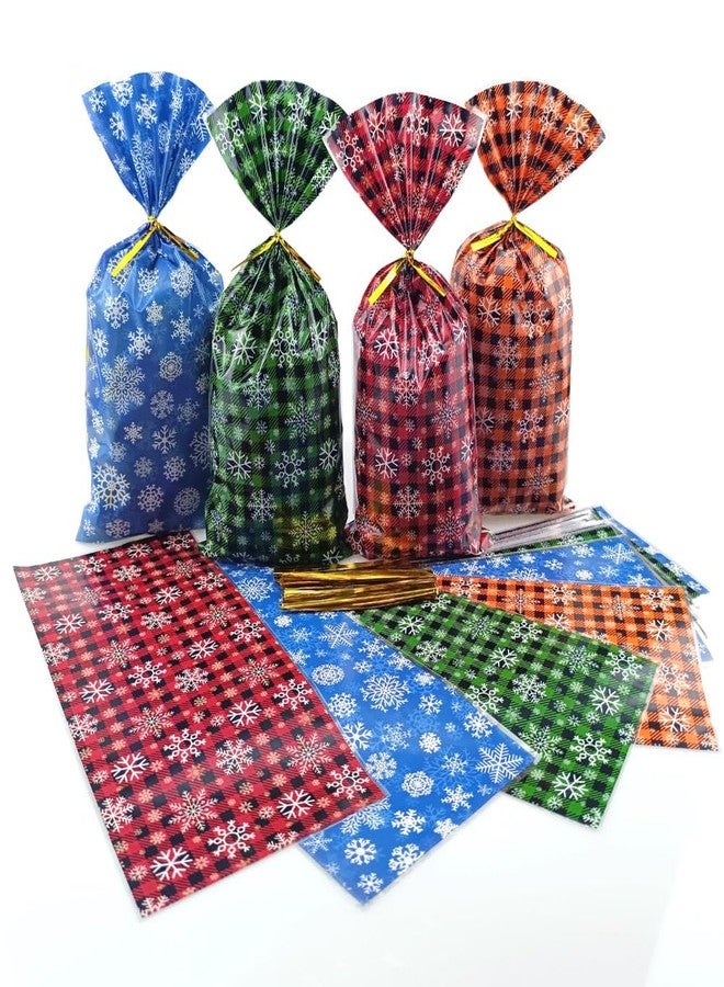 SaktopDeco 100 PCS Colored Christmas Cellophane Bags Snowflake Cellophane Bags Party Favor Bags Snowflake Plaid Plastic Bags for Party Gift Packing - Image 2